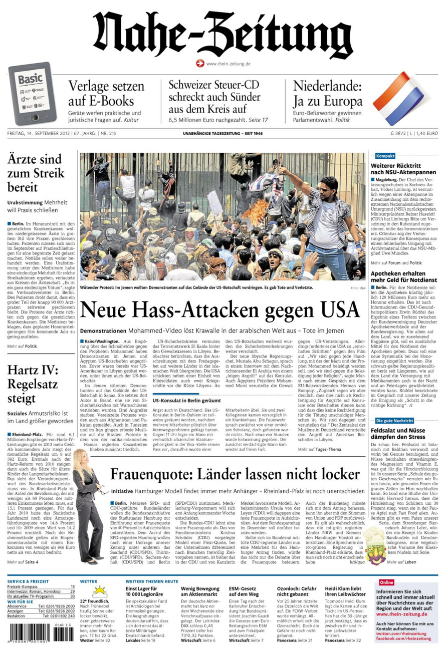 Nahe-Zeitung vom Freitag, 14.09.2012