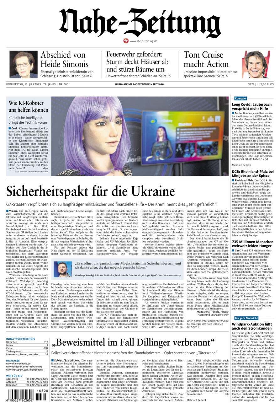 Nahe-Zeitung vom Donnerstag, 13.07.2023