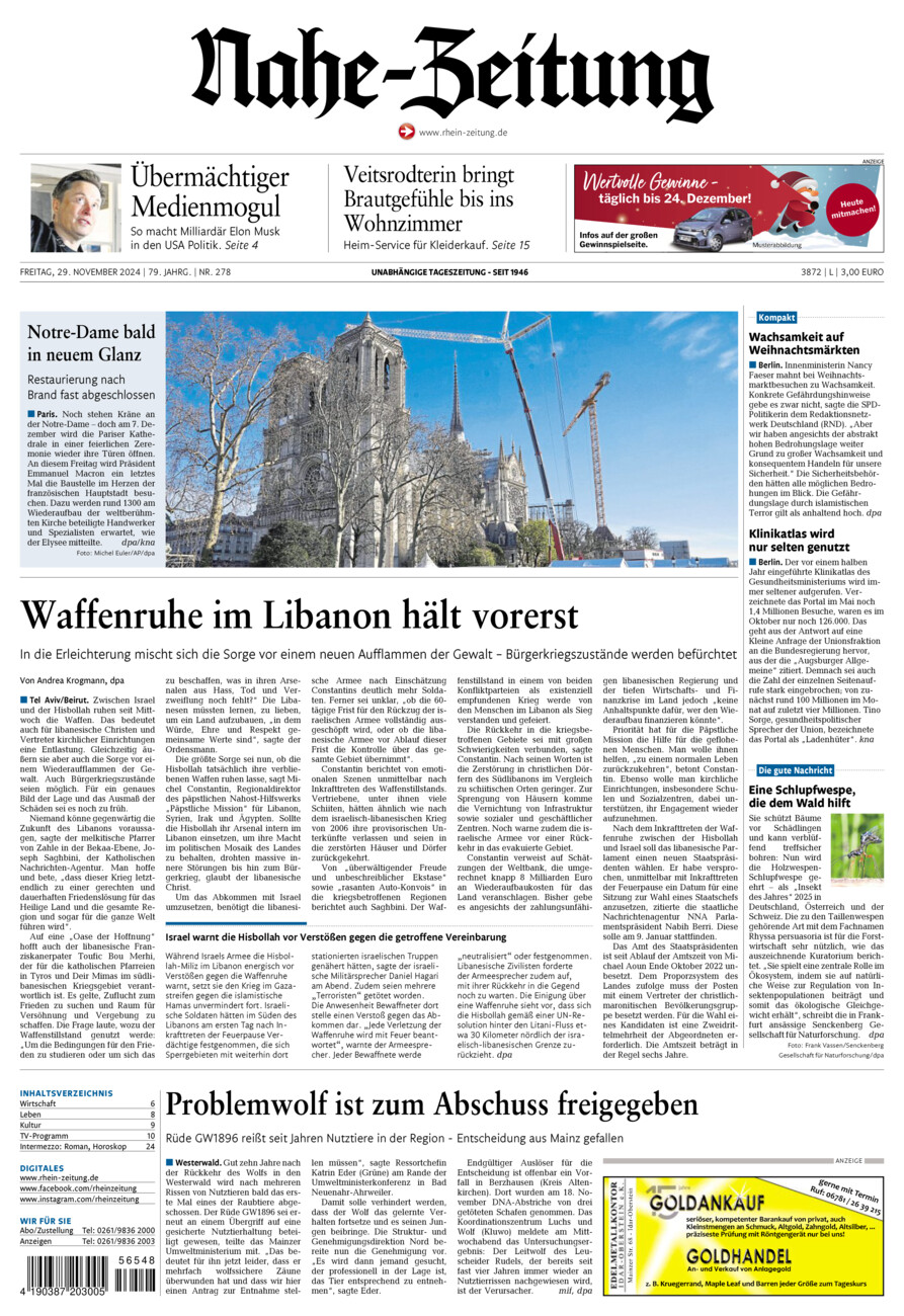 Nahe-Zeitung vom Freitag, 29.11.2024