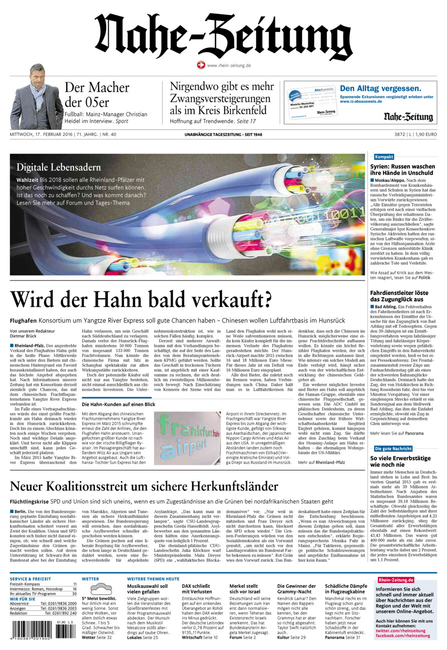 Nahe-Zeitung vom Mittwoch, 17.02.2016