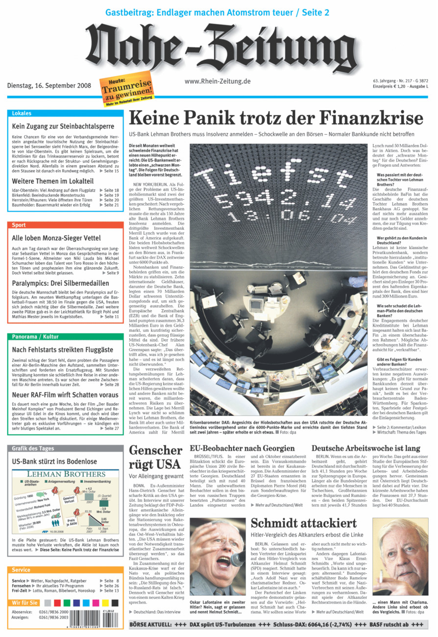 Nahe-Zeitung vom Dienstag, 16.09.2008