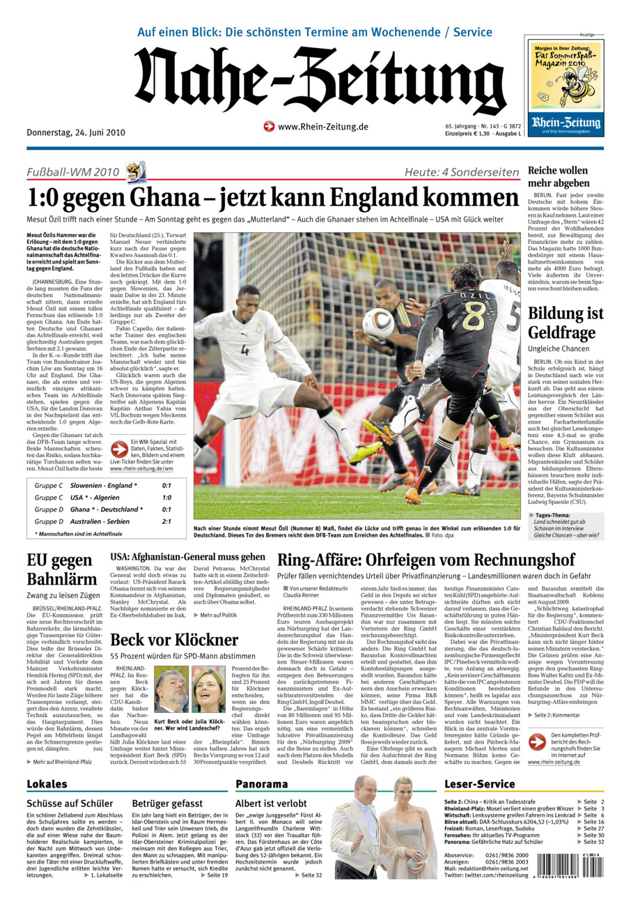 Nahe-Zeitung vom Donnerstag, 24.06.2010