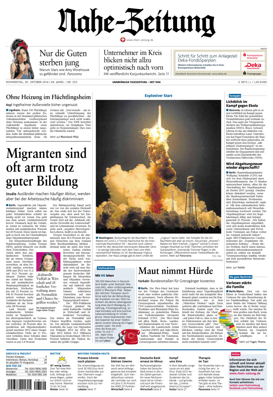 Nahe-Zeitung vom Donnerstag, 30.10.2014