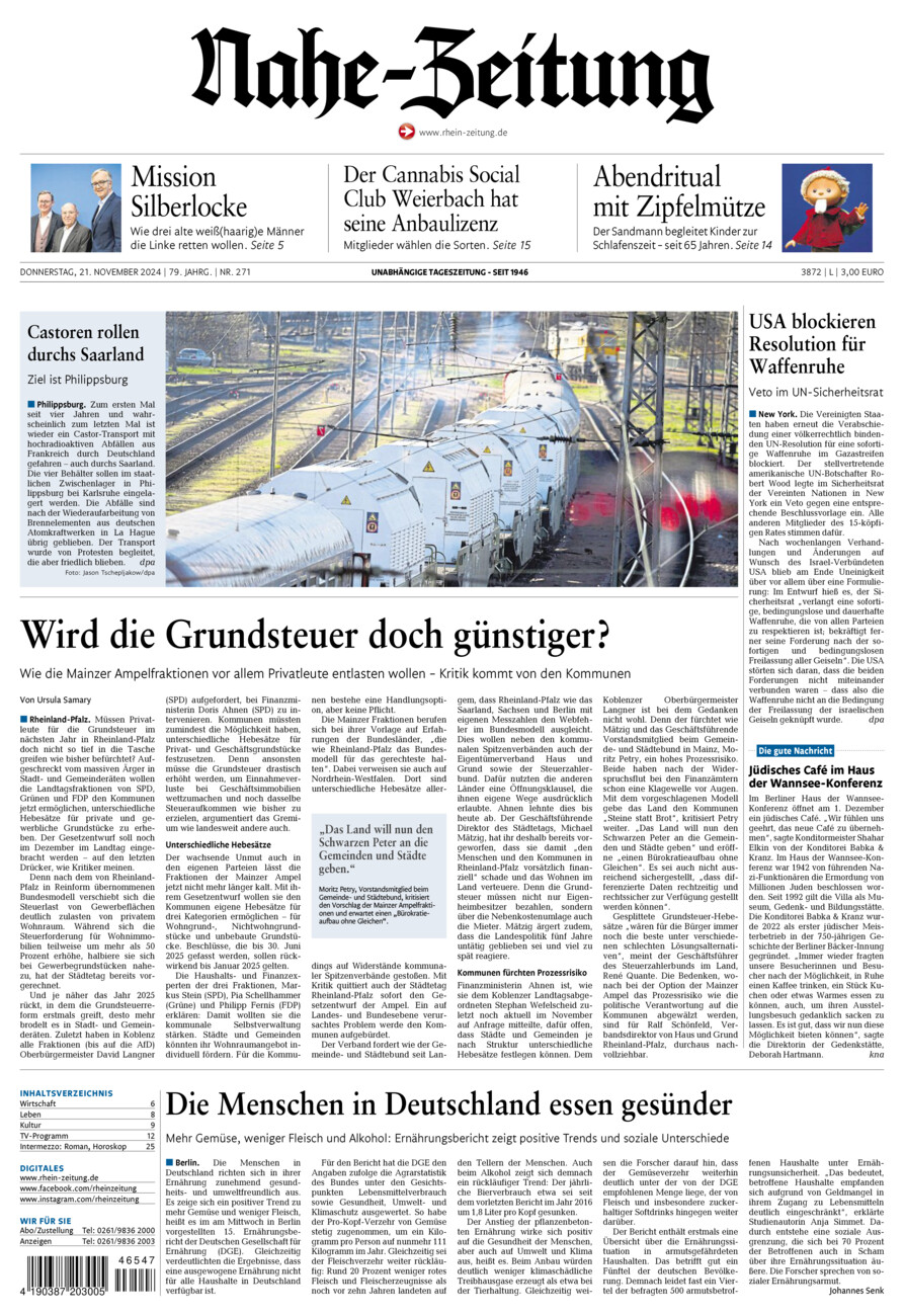 Nahe-Zeitung vom Donnerstag, 21.11.2024