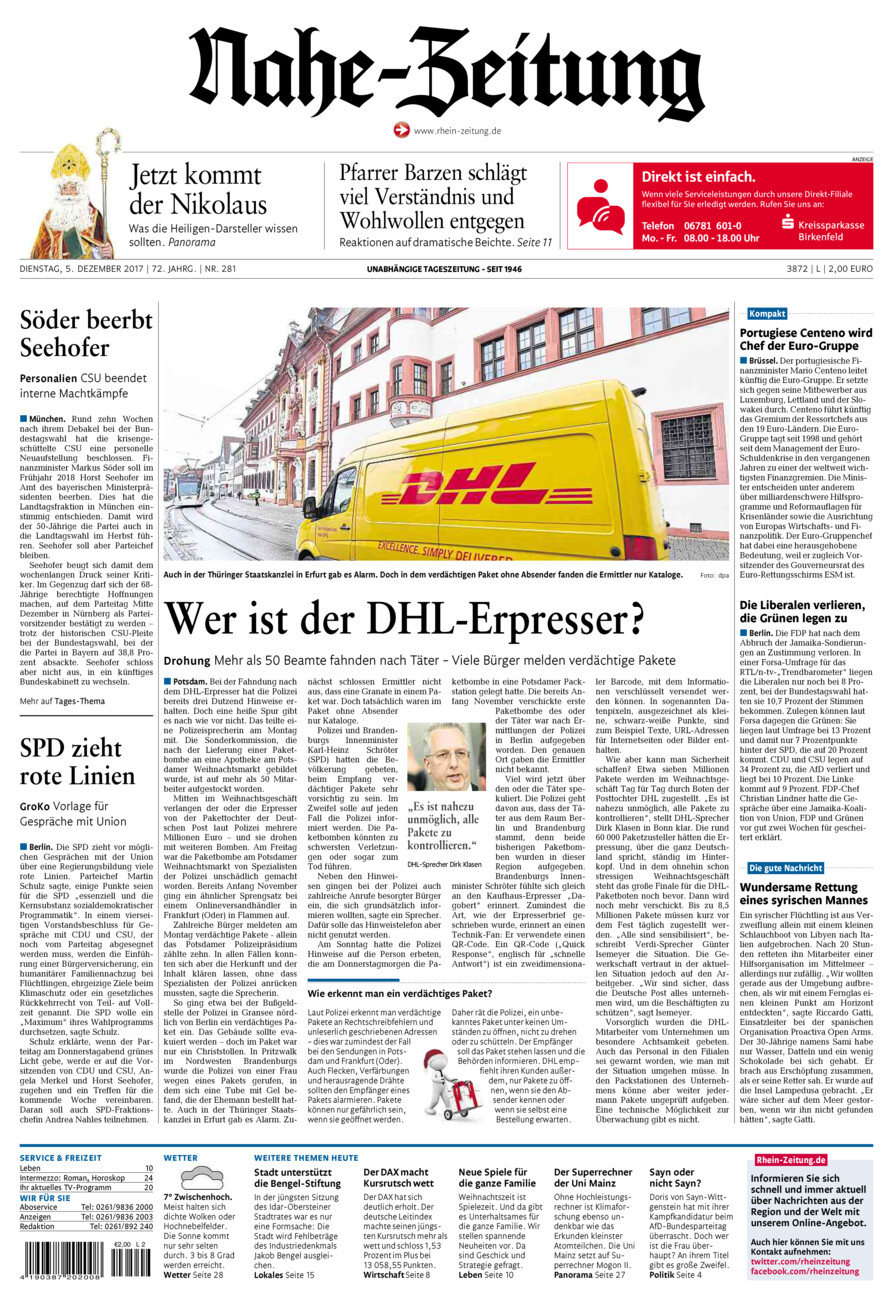 Nahe-Zeitung vom Dienstag, 05.12.2017
