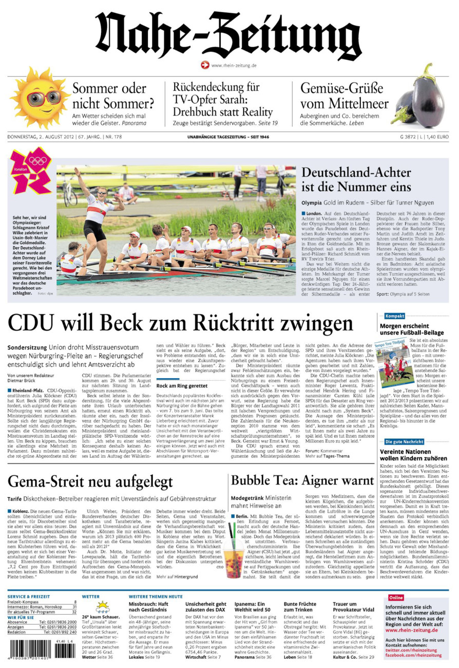 Nahe-Zeitung vom Donnerstag, 02.08.2012