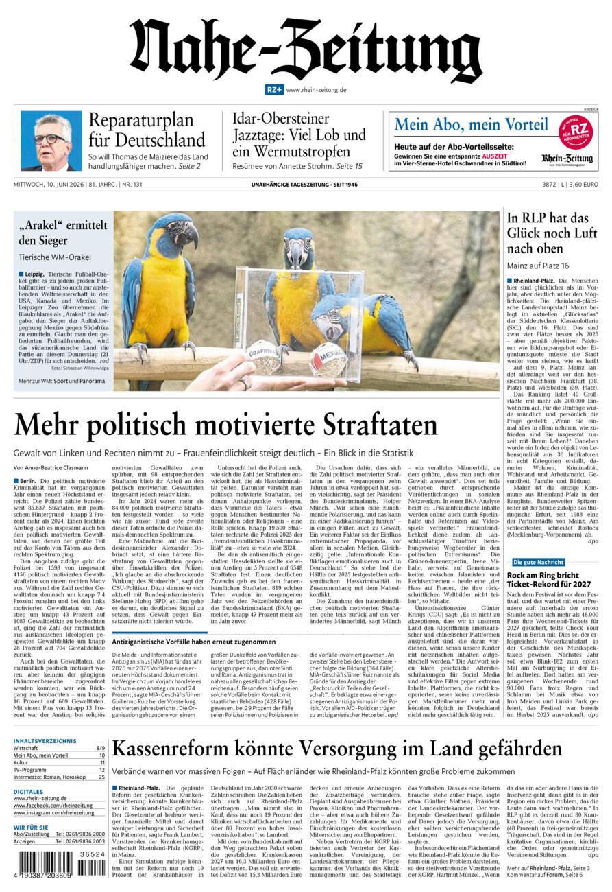 Nahe-Zeitung vom Mittwoch, 10.06.2026