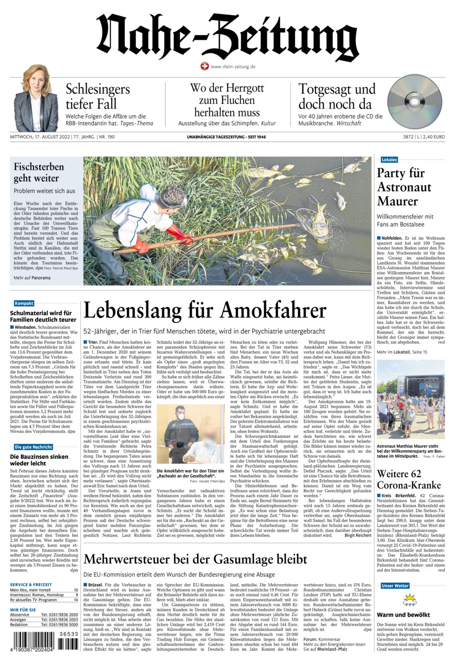 Nahe-Zeitung vom Mittwoch, 17.08.2022