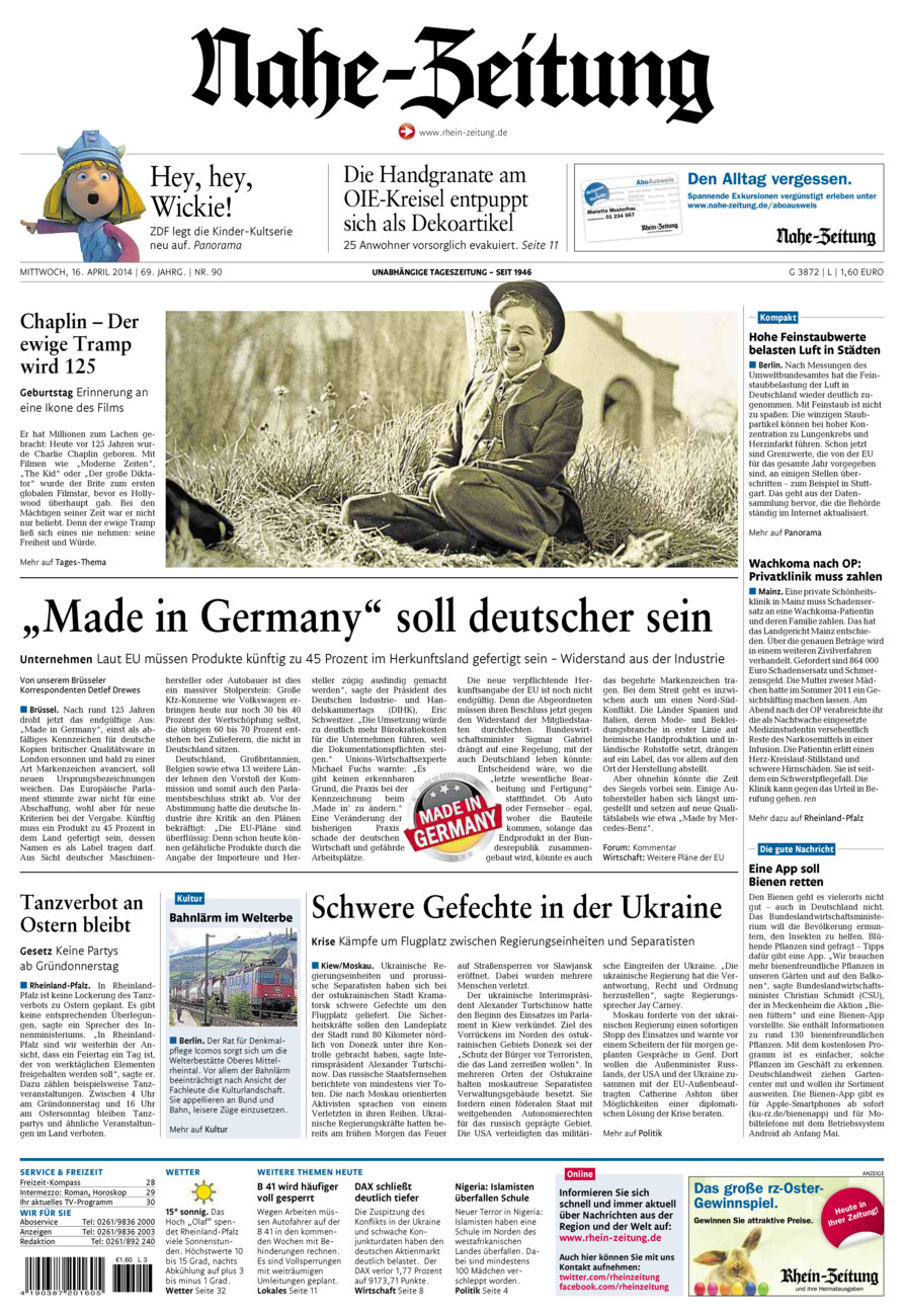 Nahe-Zeitung vom Mittwoch, 16.04.2014