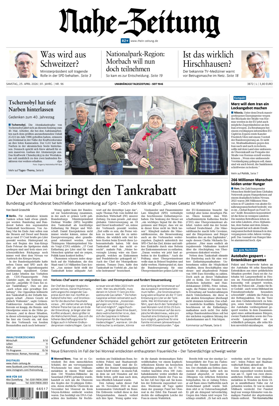 Nahe-Zeitung vom Samstag, 25.04.2026
