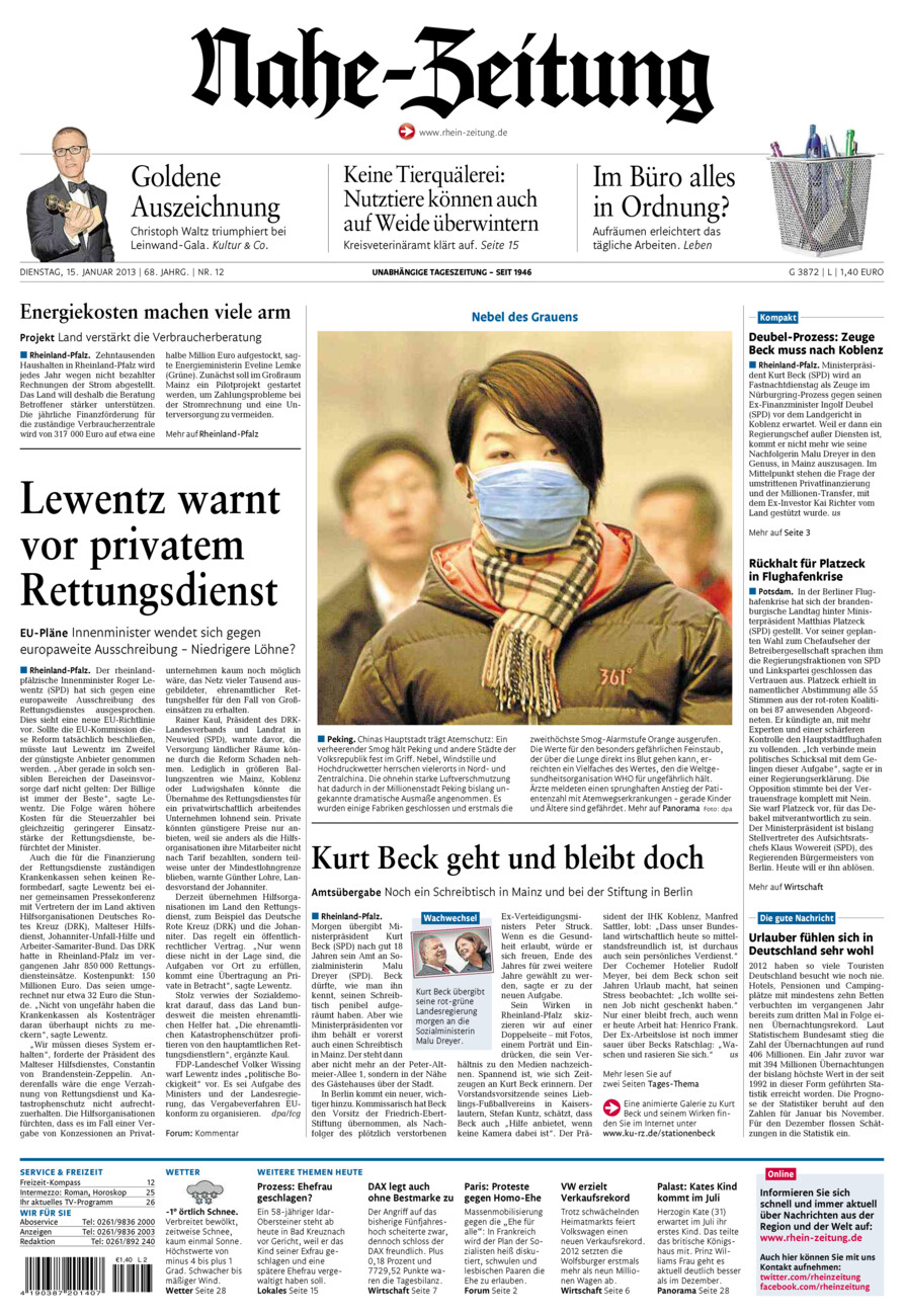 Nahe-Zeitung vom Dienstag, 15.01.2013