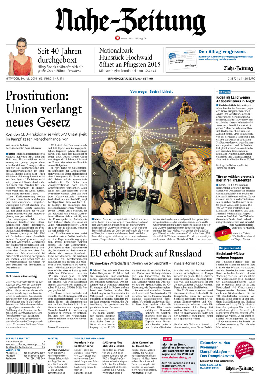 Nahe-Zeitung vom Mittwoch, 30.07.2014