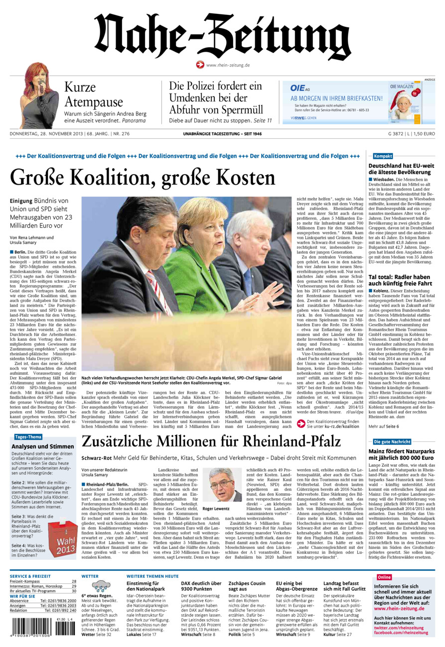 Nahe-Zeitung vom Donnerstag, 28.11.2013