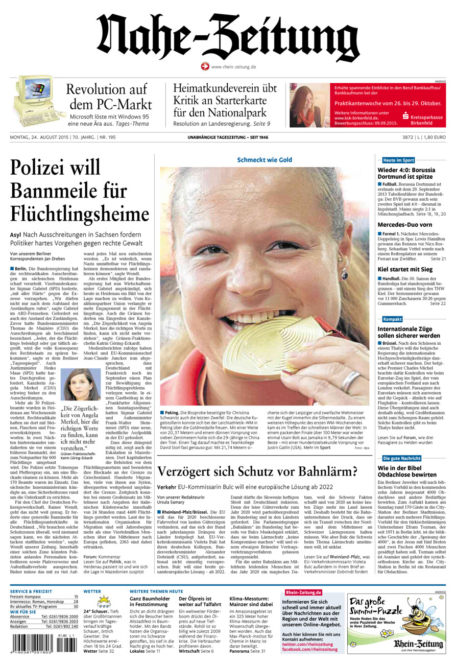 Nahe-Zeitung vom Montag, 24.08.2015