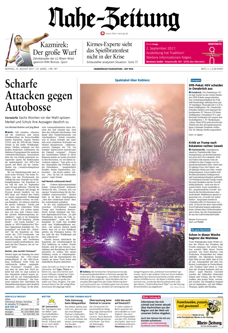 Nahe-Zeitung vom Montag, 14.08.2017
