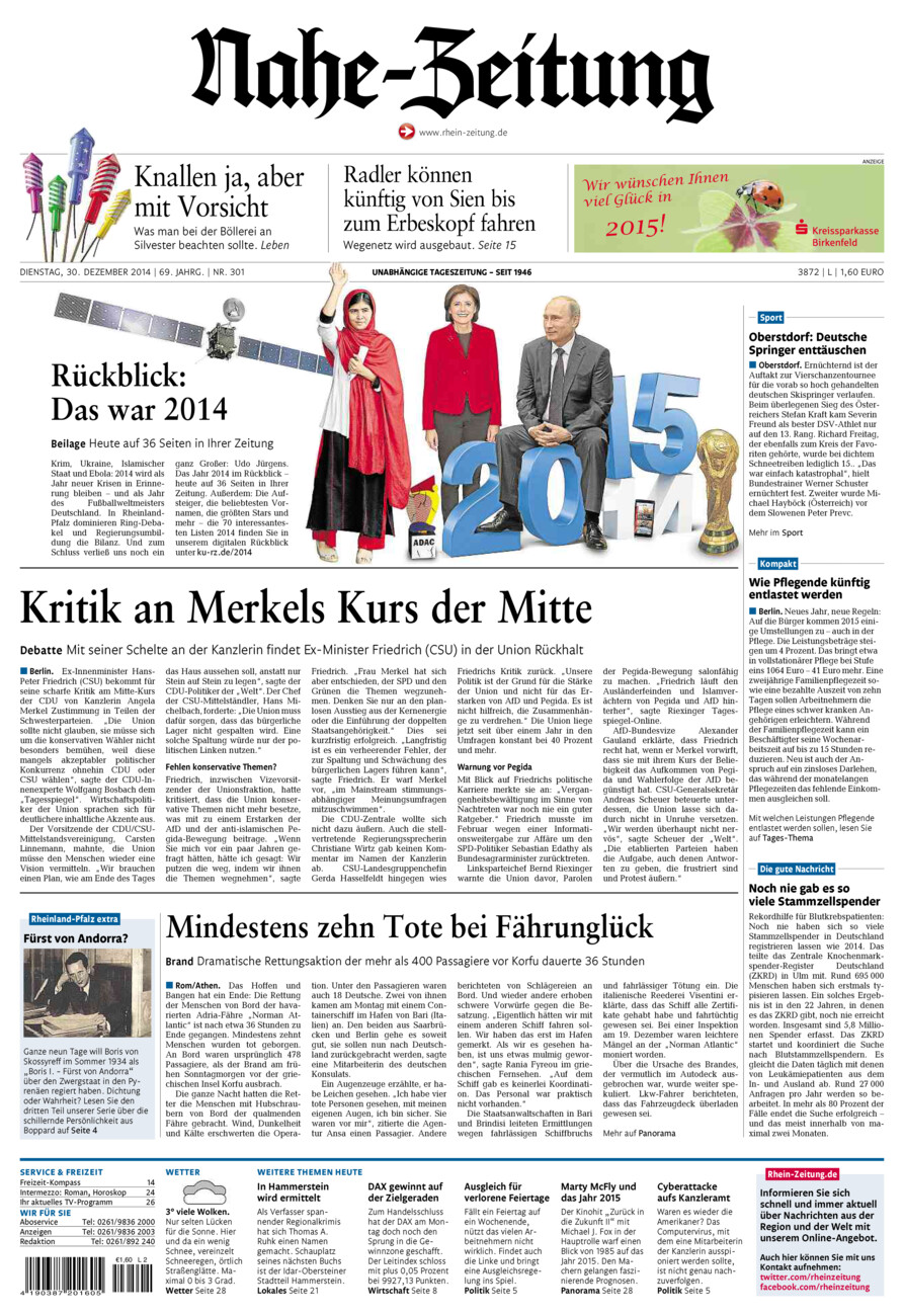 Nahe-Zeitung vom Dienstag, 30.12.2014