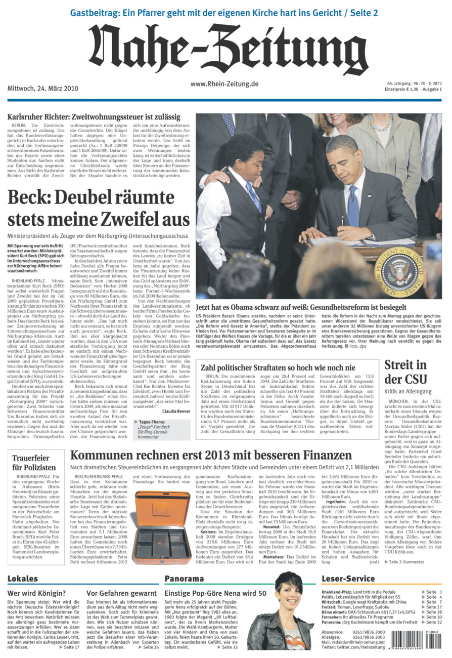 Nahe-Zeitung vom Mittwoch, 24.03.2010