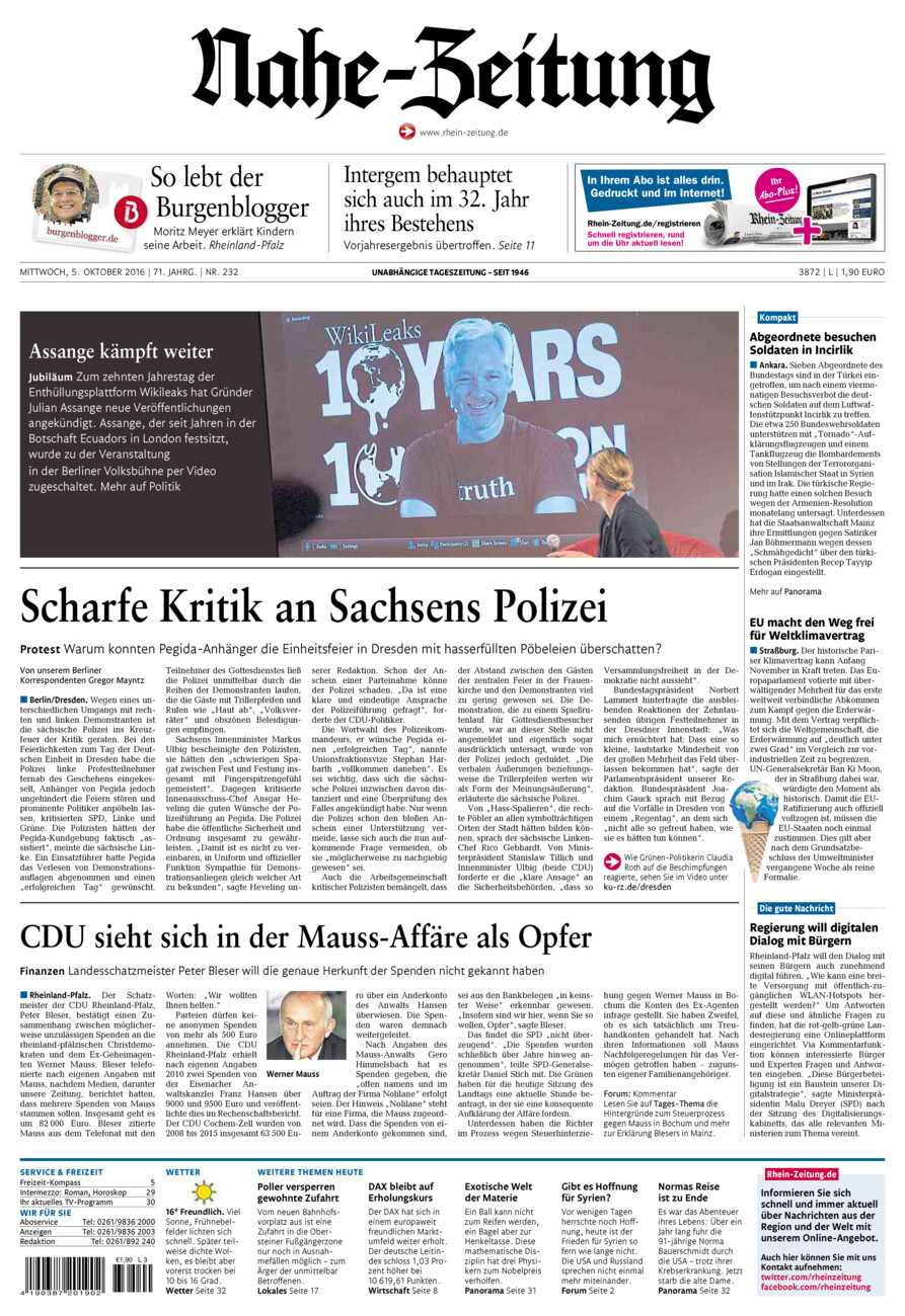 Nahe-Zeitung vom Mittwoch, 05.10.2016