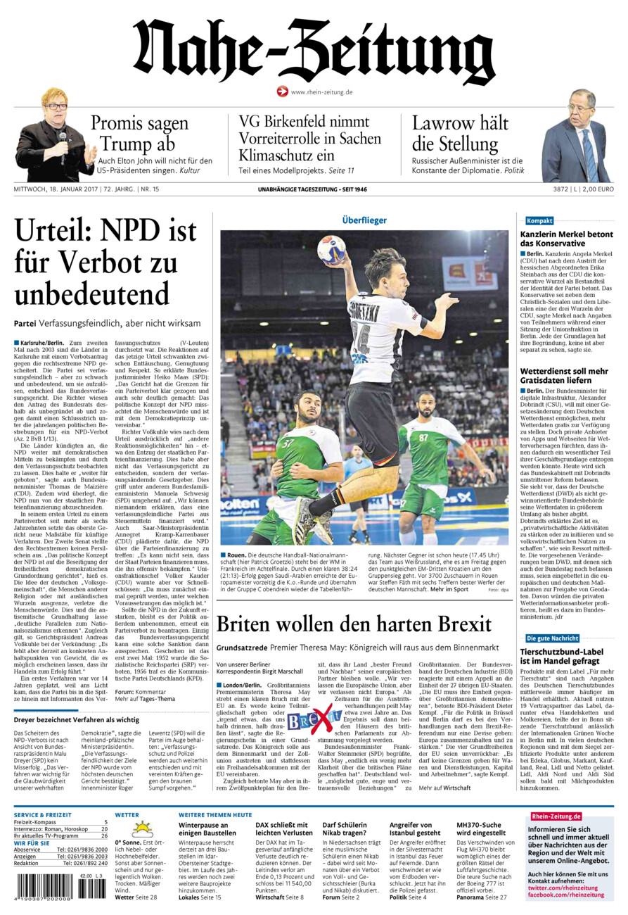 Nahe-Zeitung vom Mittwoch, 18.01.2017