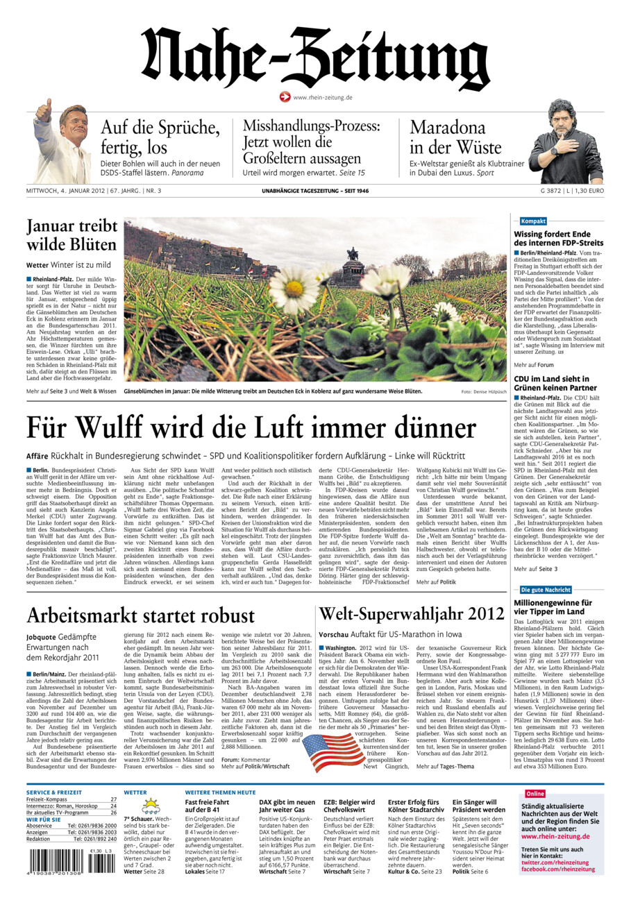 Nahe-Zeitung vom Mittwoch, 04.01.2012