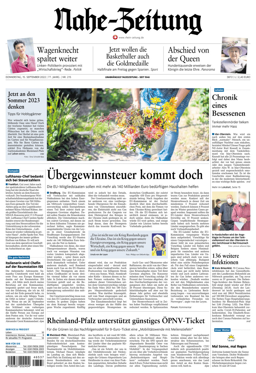 Nahe-Zeitung vom Donnerstag, 15.09.2022