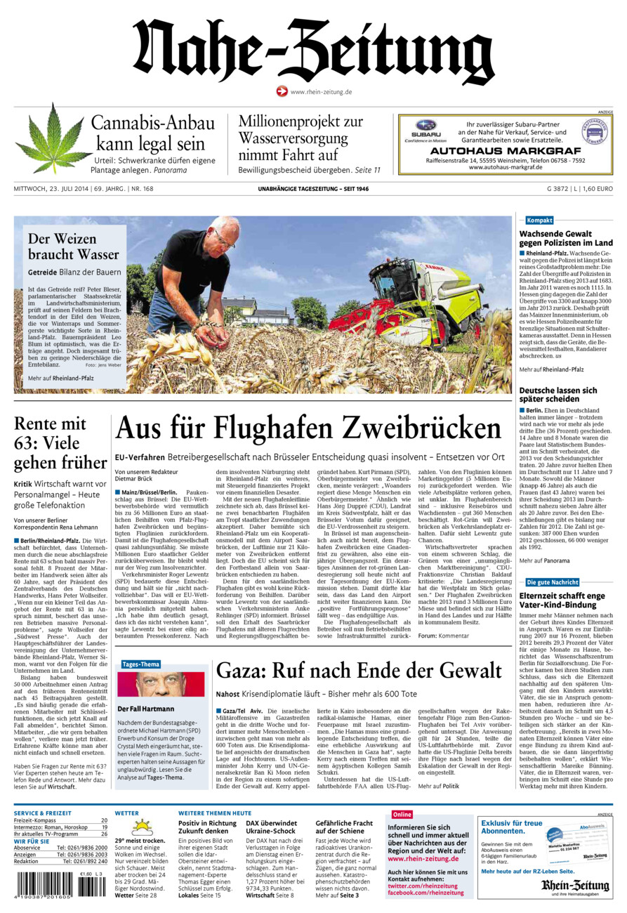 Nahe-Zeitung vom Mittwoch, 23.07.2014