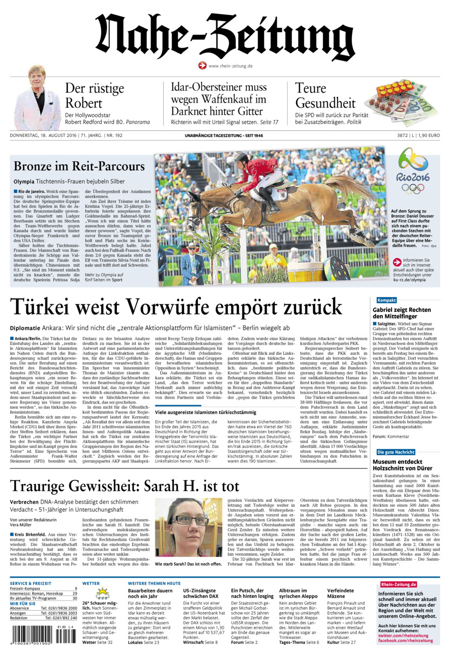 Nahe-Zeitung vom Donnerstag, 18.08.2016