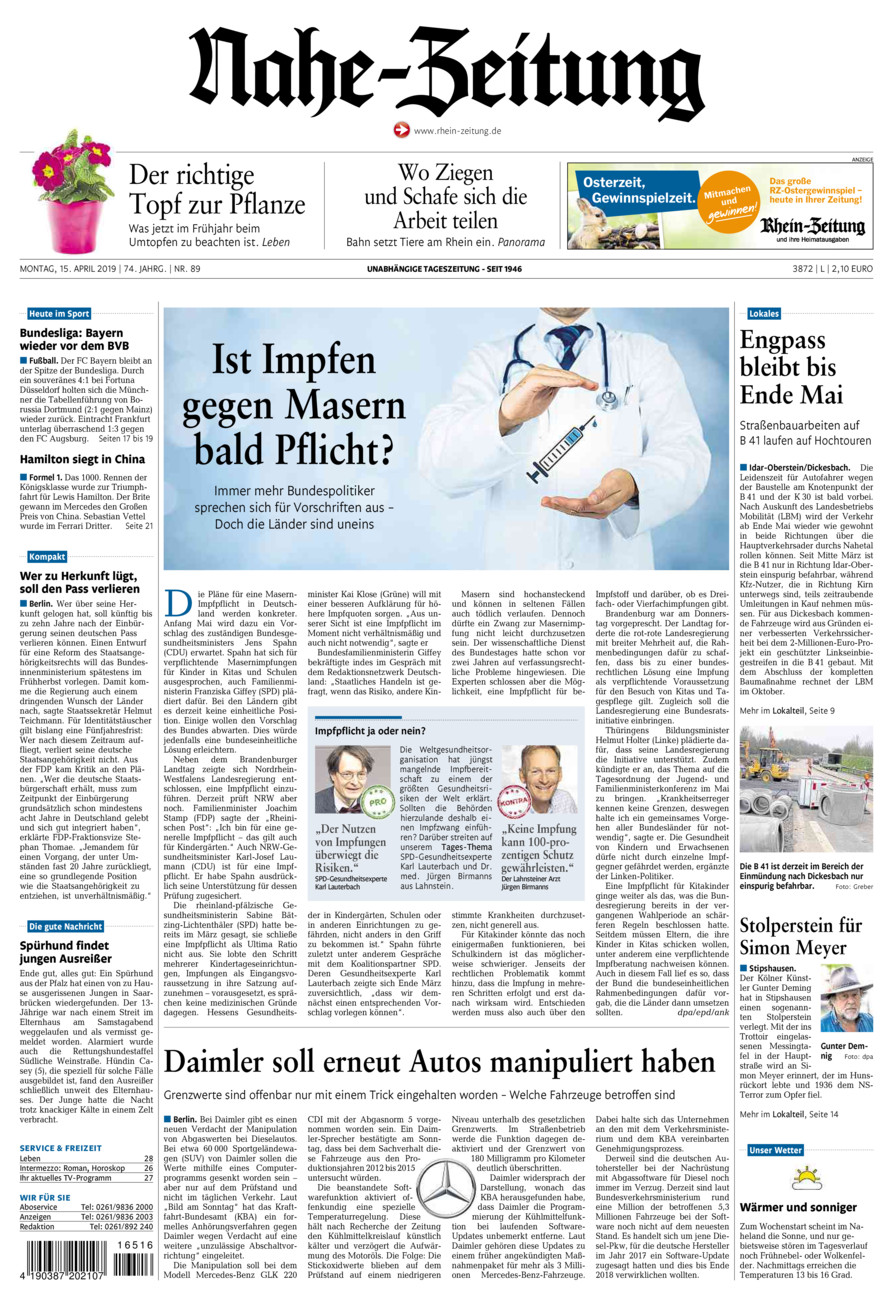 Nahe-Zeitung vom Montag, 15.04.2019