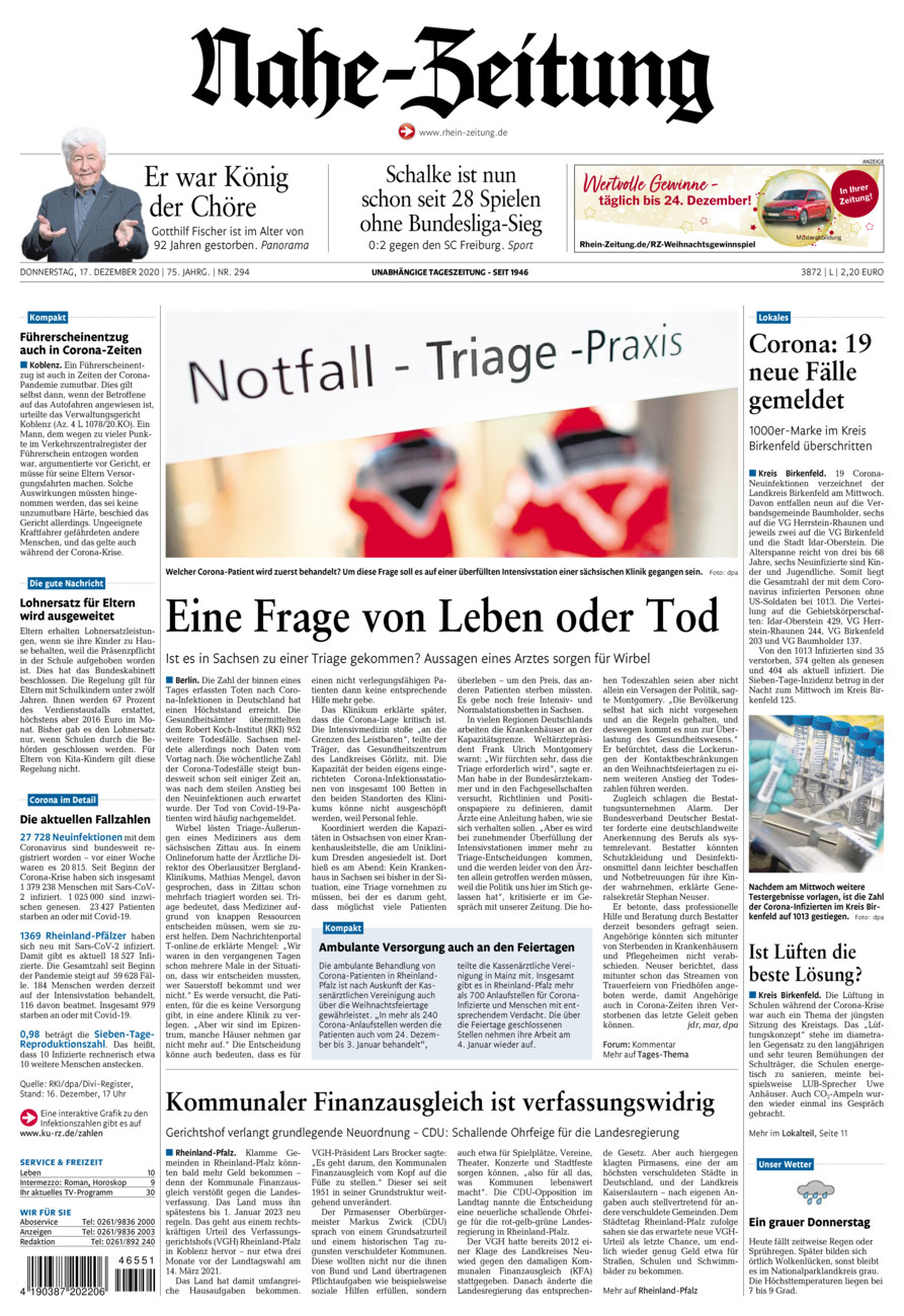 Nahe-Zeitung vom Donnerstag, 17.12.2020
