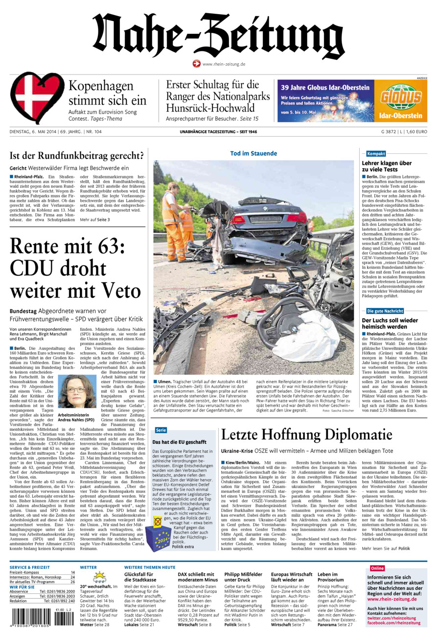 Nahe-Zeitung vom Dienstag, 06.05.2014