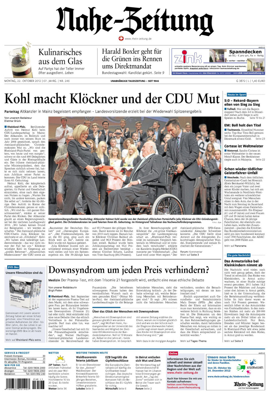Nahe-Zeitung vom Montag, 22.10.2012
