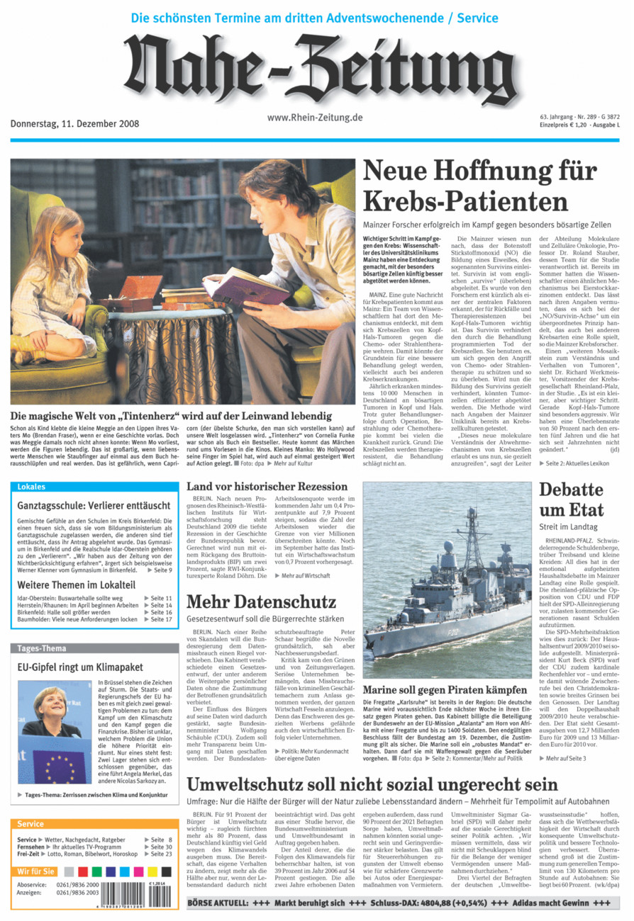 Nahe-Zeitung vom Donnerstag, 11.12.2008