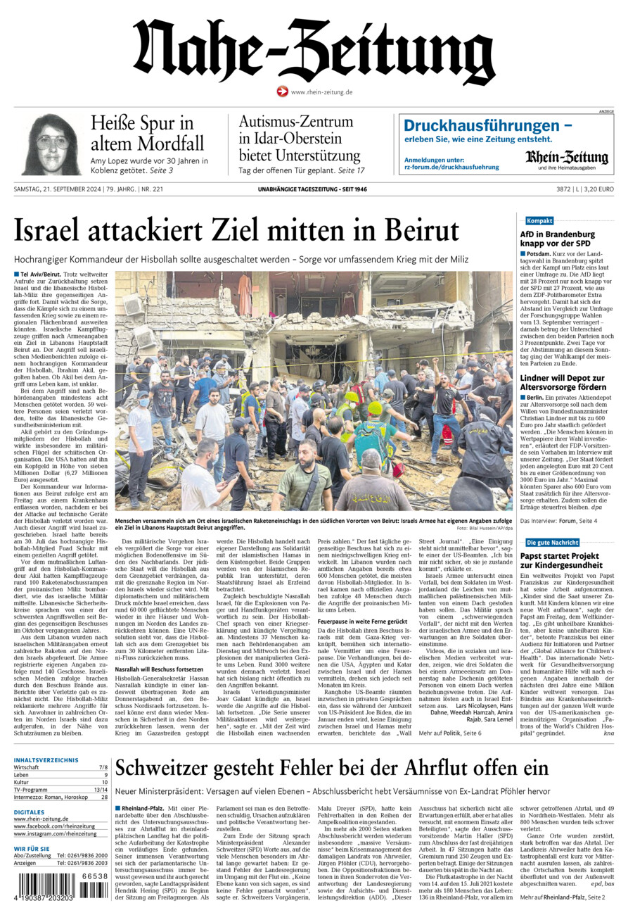 Nahe-Zeitung vom Samstag, 21.09.2024