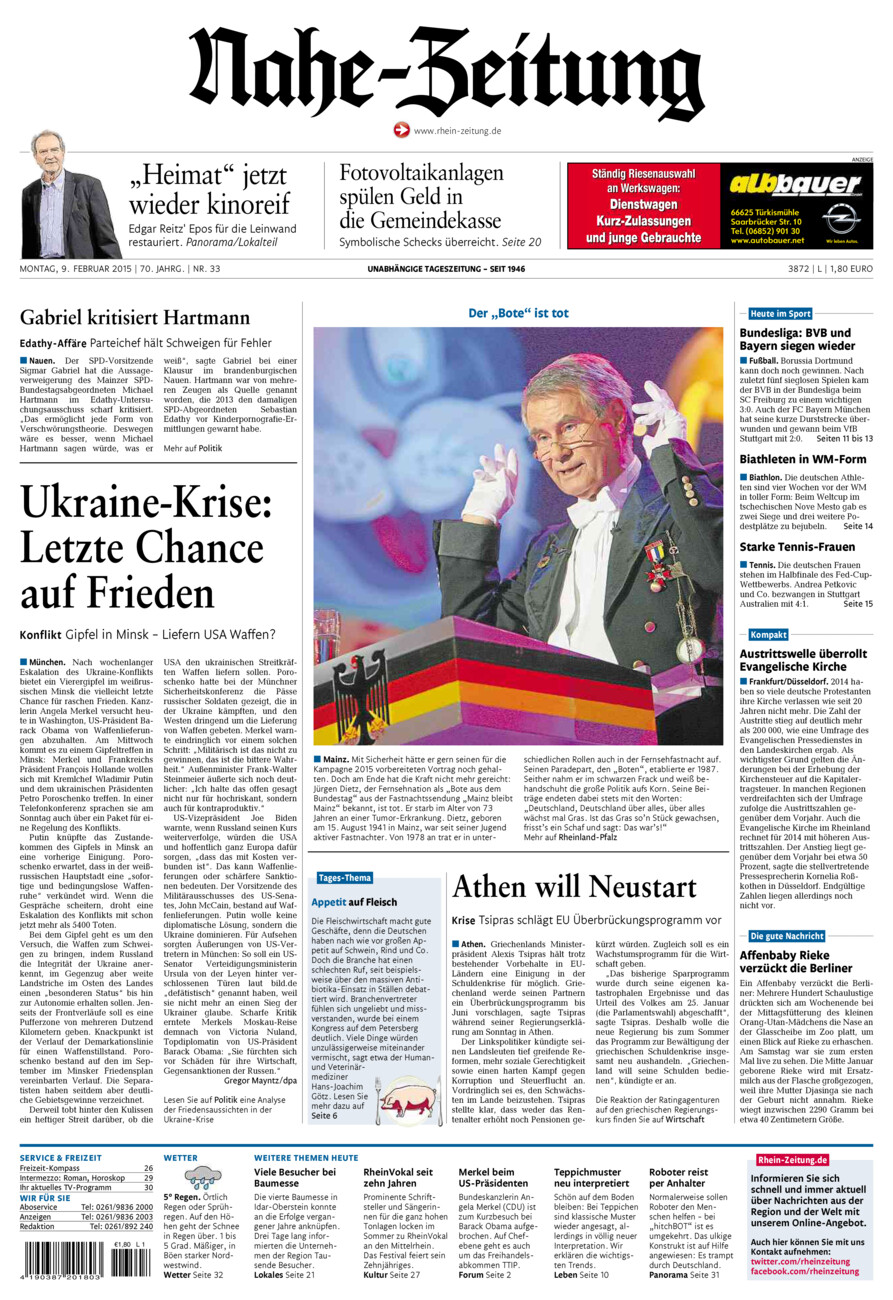 Nahe-Zeitung vom Montag, 09.02.2015