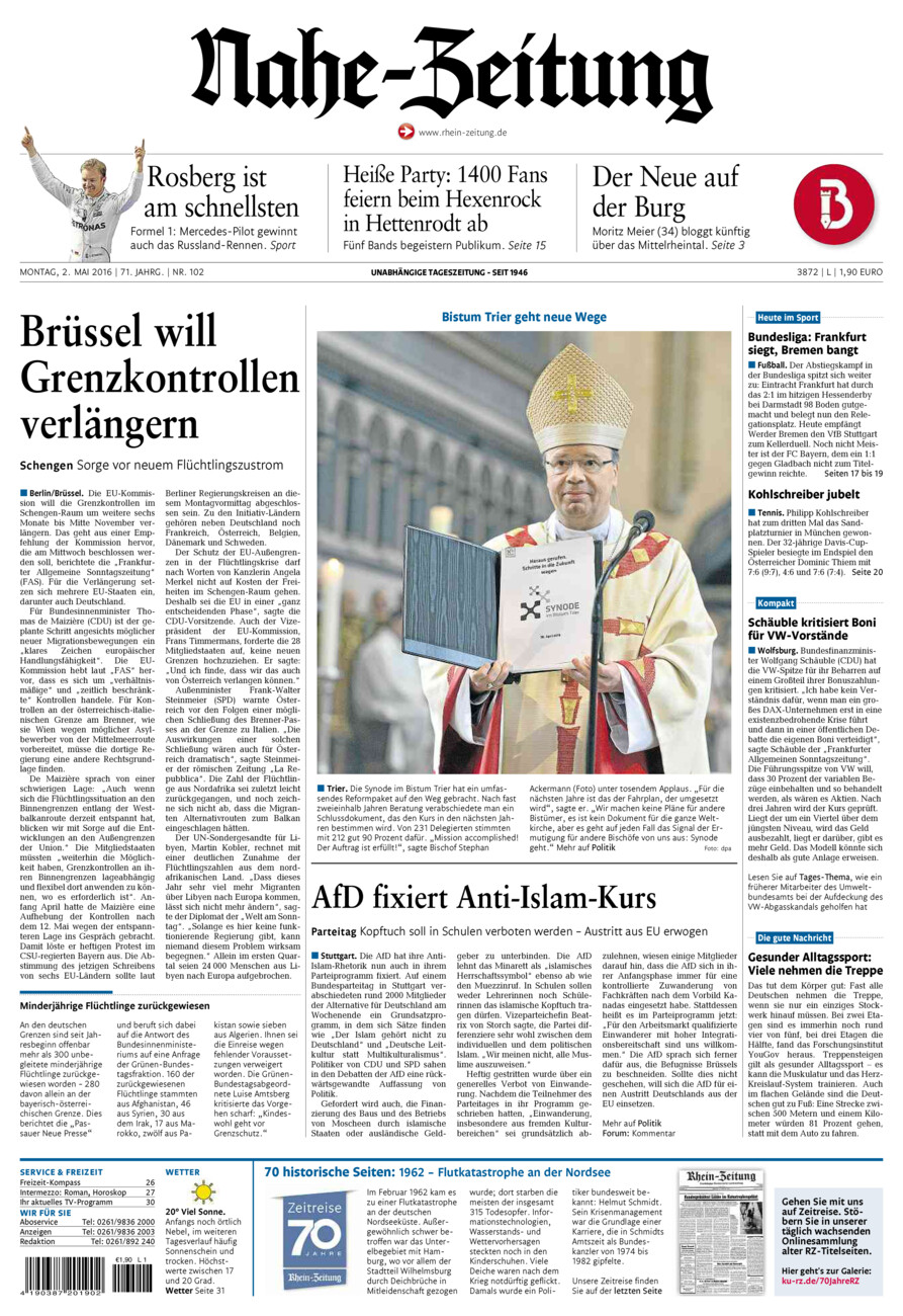 Nahe-Zeitung vom Montag, 02.05.2016