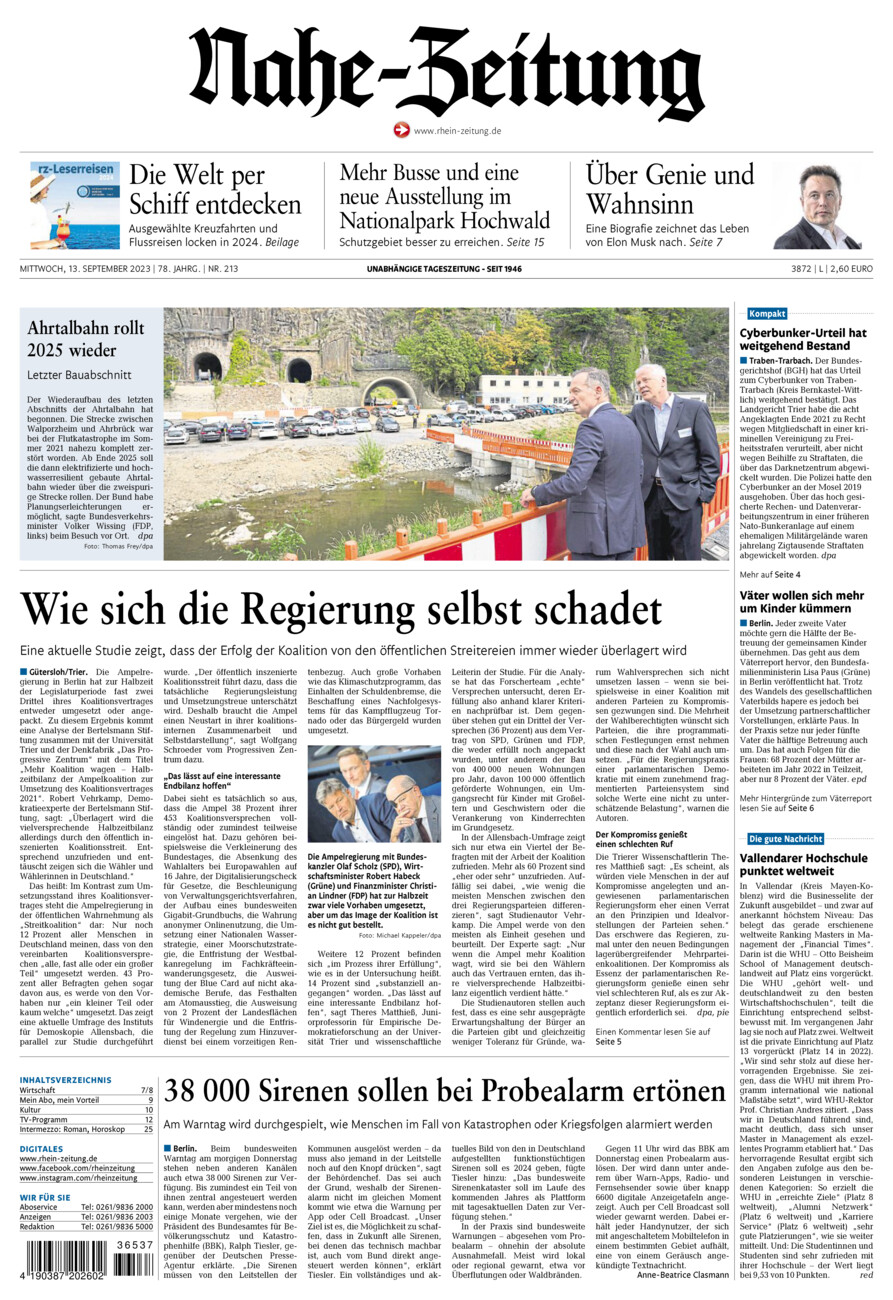 Nahe-Zeitung vom Mittwoch, 13.09.2023