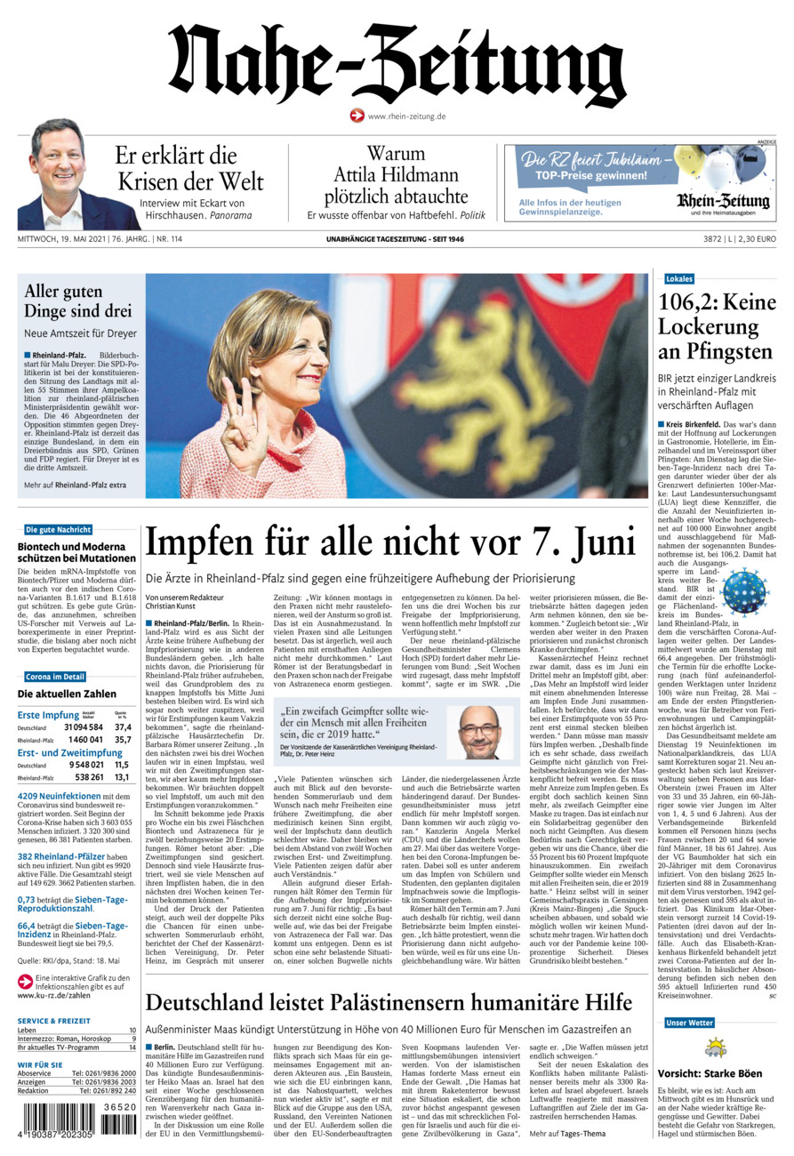Nahe-Zeitung vom Mittwoch, 19.05.2021