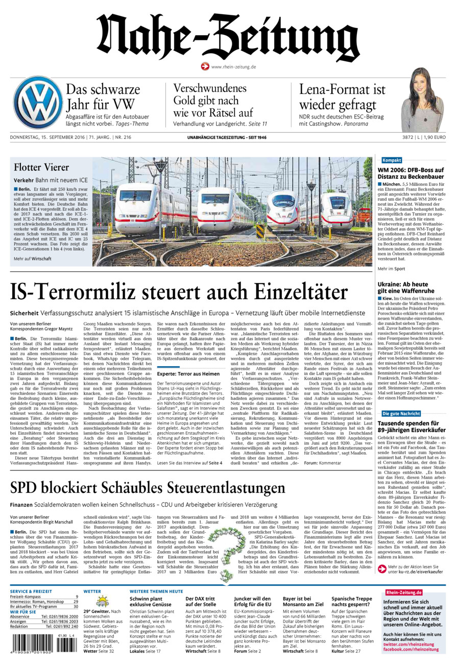 Nahe-Zeitung vom Donnerstag, 15.09.2016