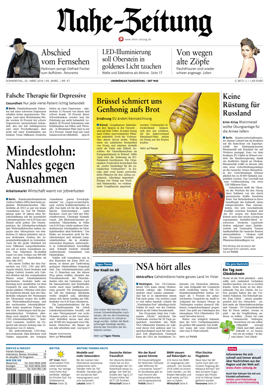 Nahe-Zeitung vom Donnerstag, 20.03.2014