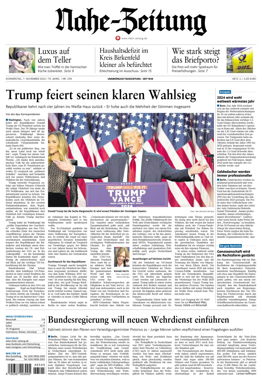 Nahe-Zeitung vom Donnerstag, 07.11.2024