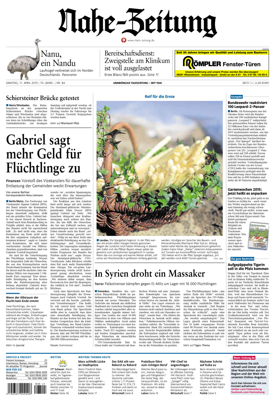 Nahe-Zeitung vom Samstag, 11.04.2015