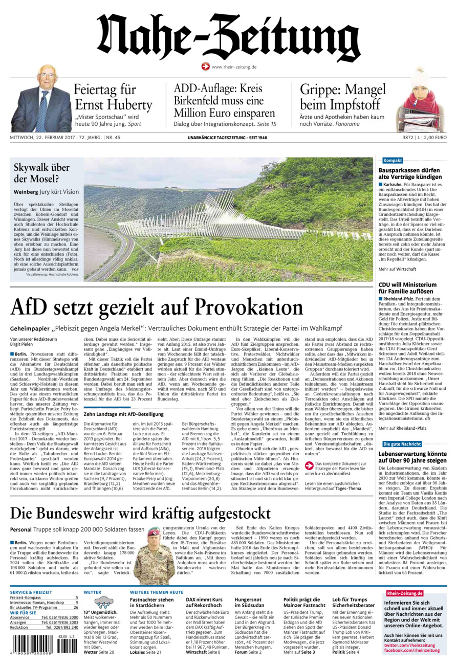 Nahe-Zeitung vom Mittwoch, 22.02.2017
