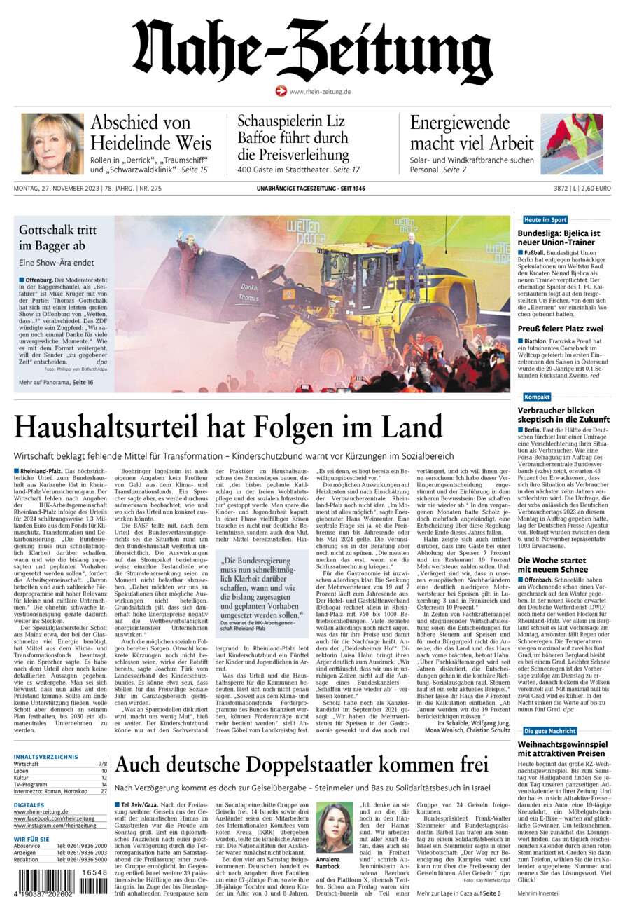 Nahe-Zeitung vom Montag, 27.11.2023