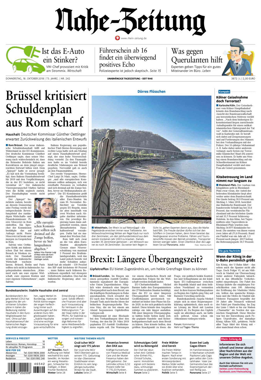 Nahe-Zeitung vom Donnerstag, 18.10.2018
