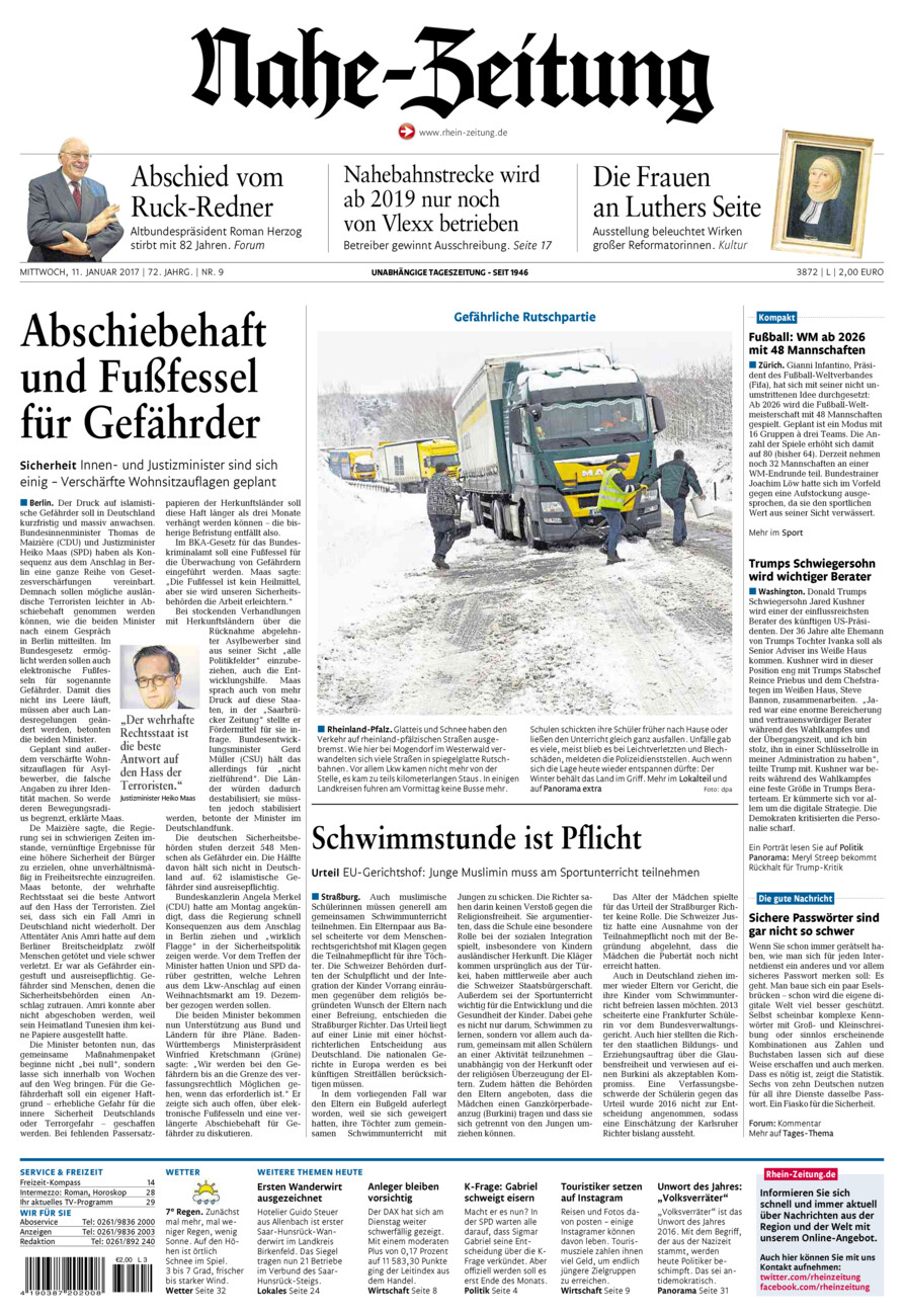 Nahe-Zeitung vom Mittwoch, 11.01.2017