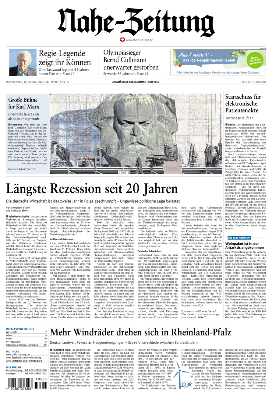 Nahe-Zeitung vom Donnerstag, 16.01.2025