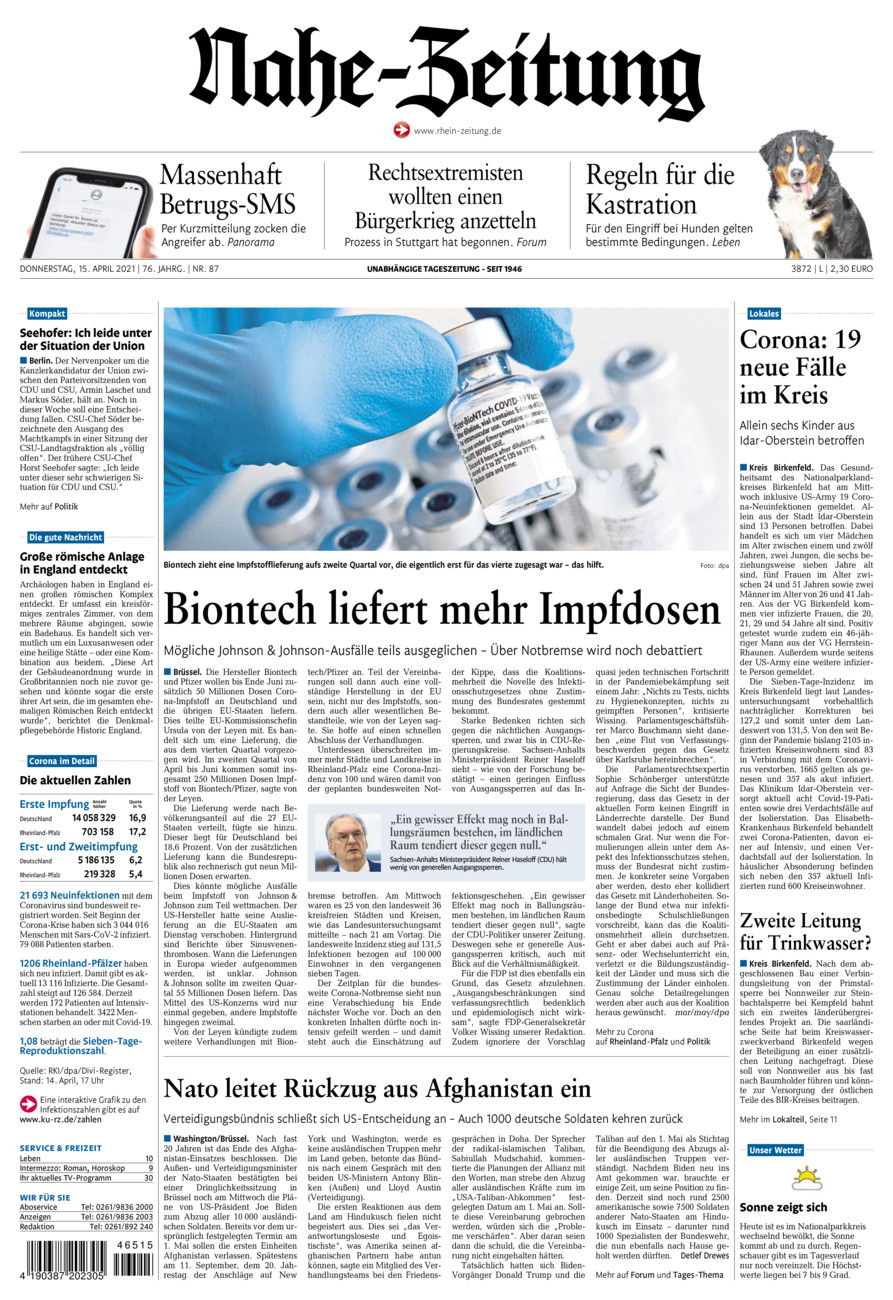 Nahe-Zeitung vom Donnerstag, 15.04.2021