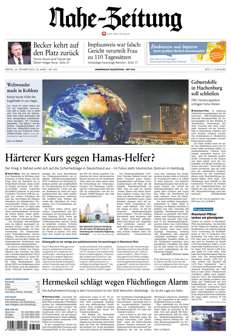 Nahe-Zeitung vom Freitag, 20.10.2023