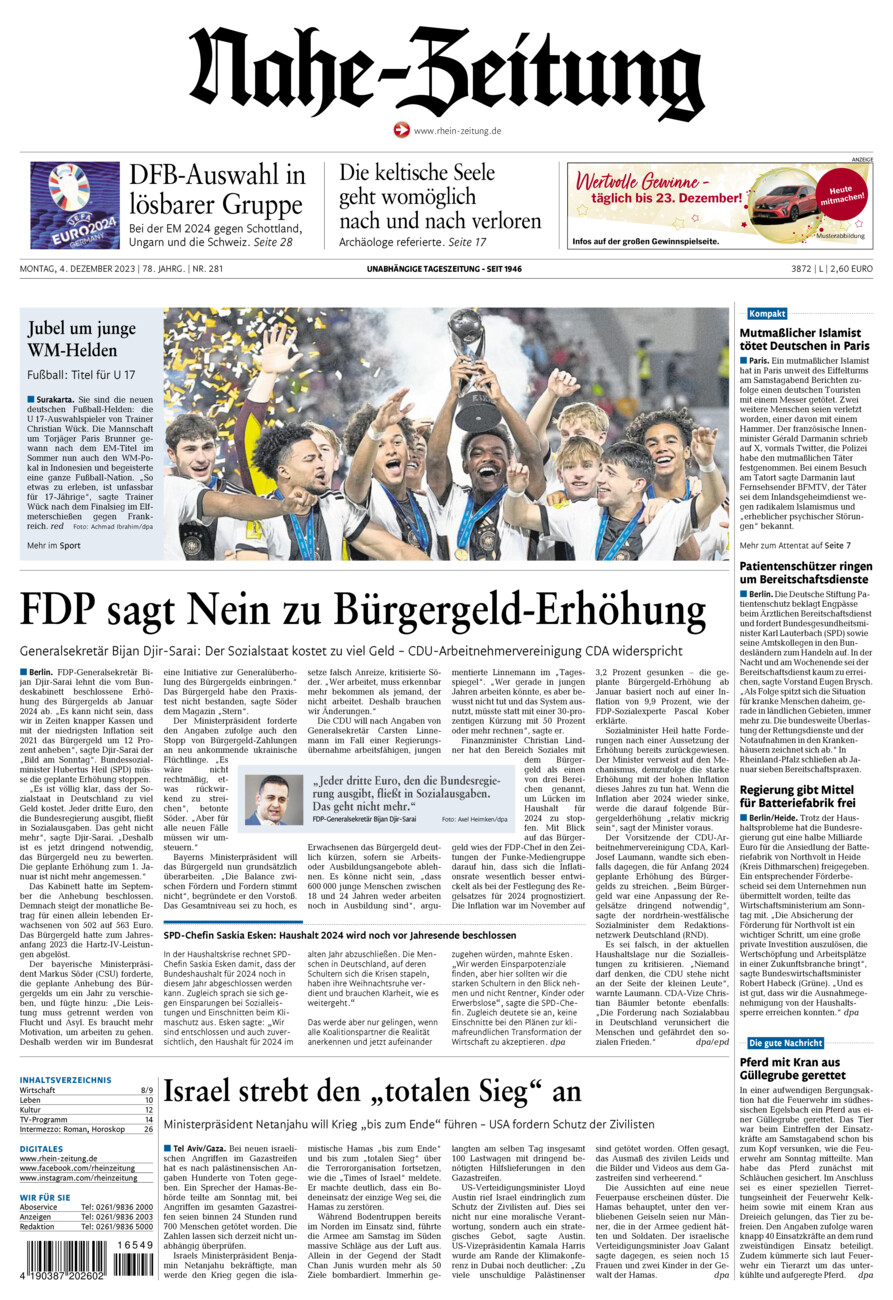 Nahe-Zeitung vom Montag, 04.12.2023