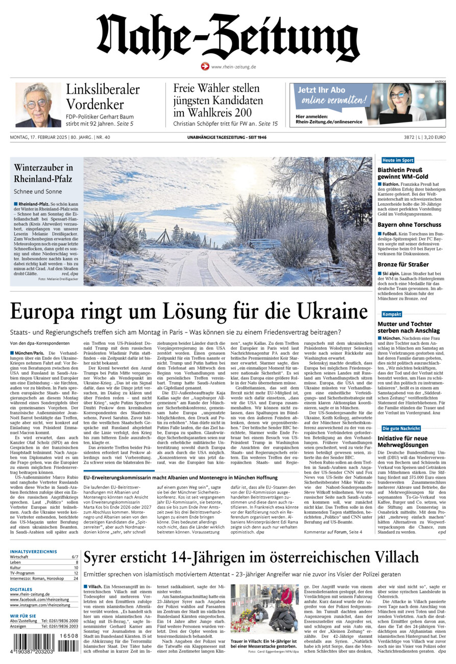 Nahe-Zeitung vom Montag, 17.02.2025